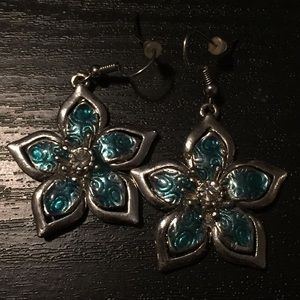 Silver Aqua Flower Earrings